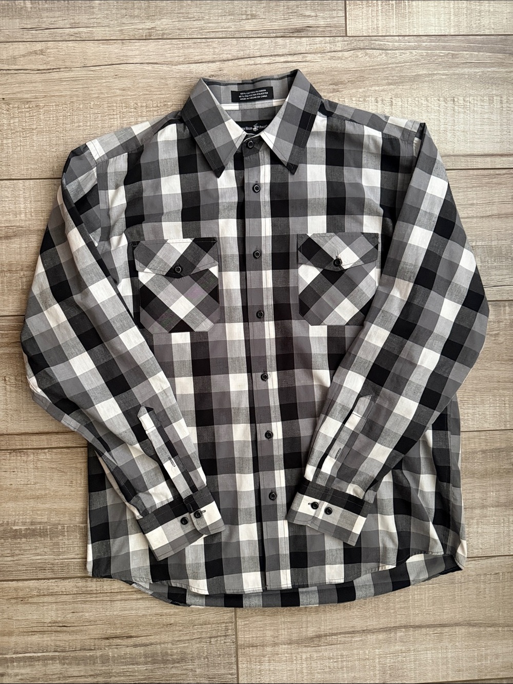 Beverly Hills Polo Club Men's Plaid Long Sleeve Button Down Shirt Black White L